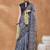 Blue printed silk blend ethnic saree with blouse piece