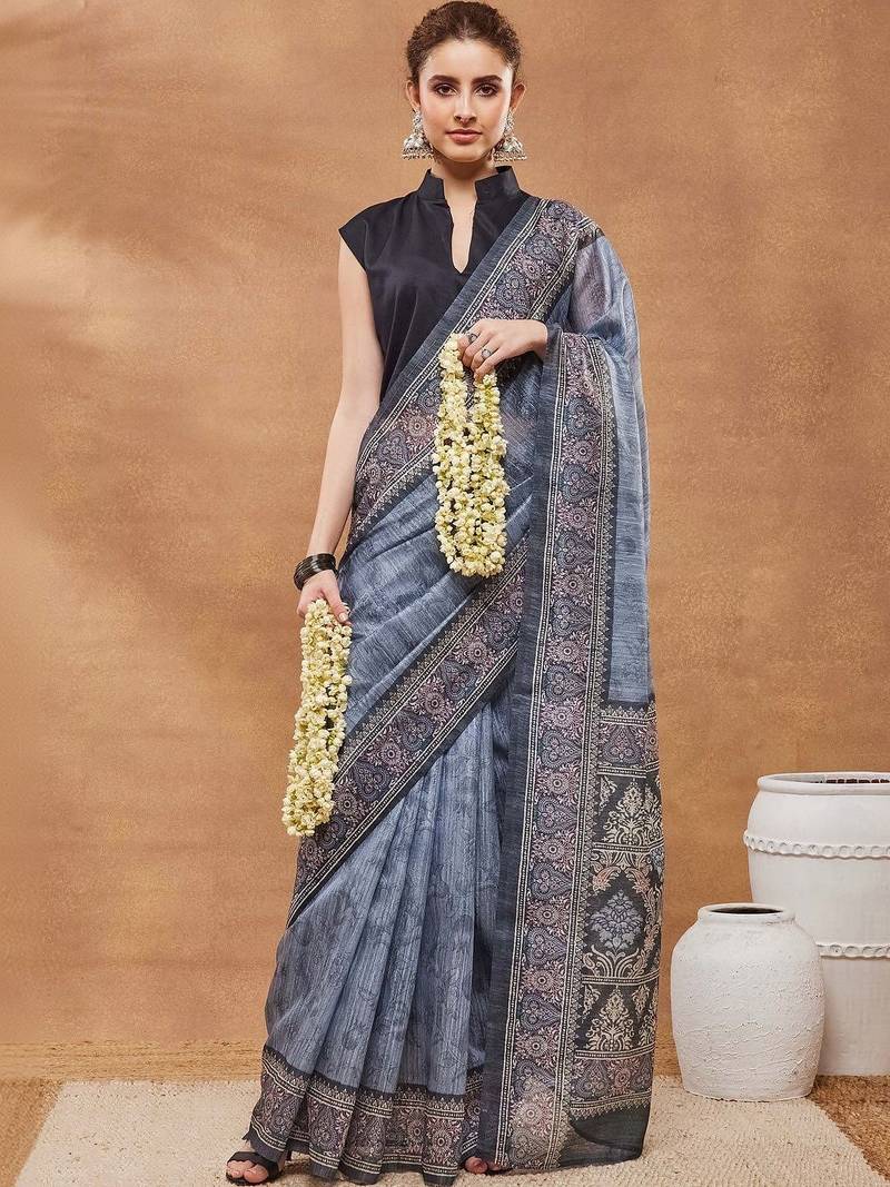Blue printed silk blend ethnic saree with blouse piece