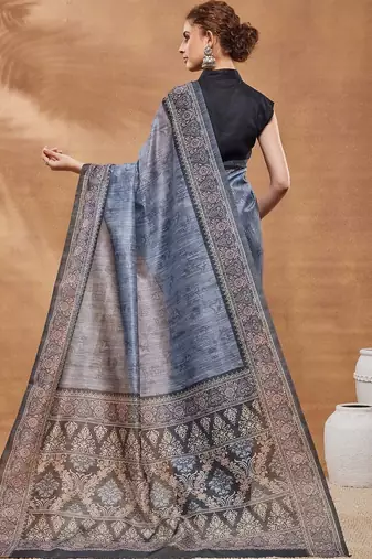 Blue printed silk blend ethnic saree with blouse piece