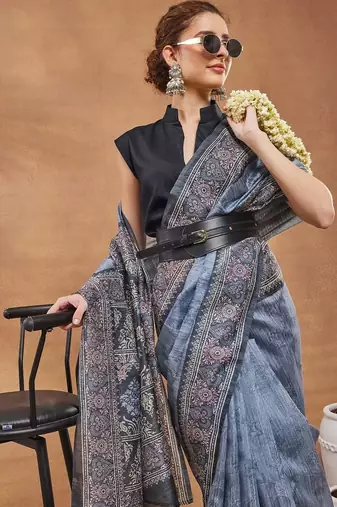 Blue printed silk blend ethnic saree with blouse piece
