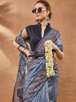 Blue printed silk blend ethnic saree with blouse piece 5