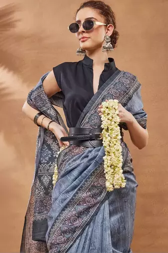 Blue printed silk blend ethnic saree with blouse piece