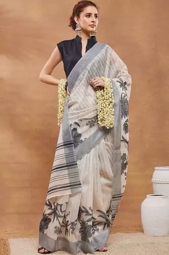 Off white printed silk blend ethnic saree with blouse piece