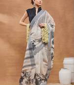 Off white printed silk blend ethnic saree with blouse piece