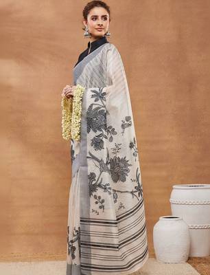 Off white printed silk blend ethnic saree with blouse piece 2