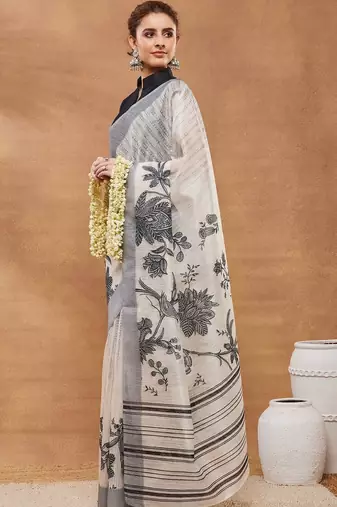 Off white printed silk blend ethnic saree with blouse piece