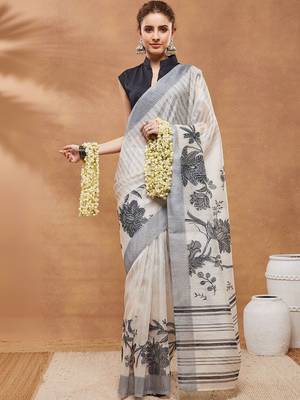 Off white printed silk blend ethnic saree with blouse piece 3