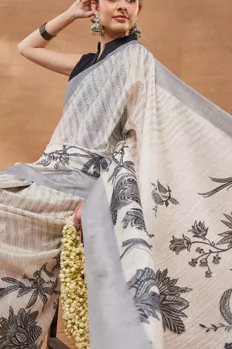 Off white printed silk blend ethnic saree with blouse piece