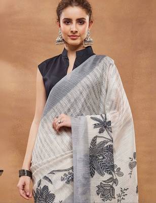 Off white printed silk blend ethnic saree with blouse piece 5