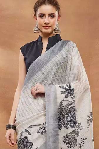 Off white printed silk blend ethnic saree with blouse piece