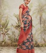 Green printed silk blend ethnic saree with blouse piece