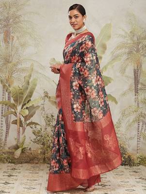 Green printed silk blend ethnic saree with blouse piece 2