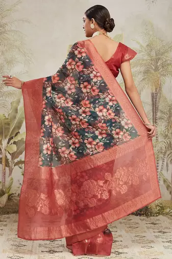 Green printed silk blend ethnic saree with blouse piece