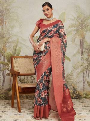 Green printed silk blend ethnic saree with blouse piece 4