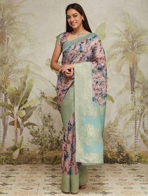 Sea green printed silk blend ethnic saree with blouse piece 1