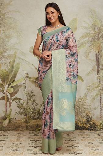 Sea green printed silk blend ethnic saree with blouse piece