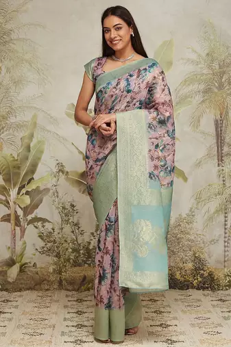 Sea green printed silk blend ethnic saree with blouse piece