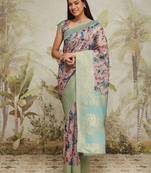 Sea green printed silk blend ethnic saree with blouse piece