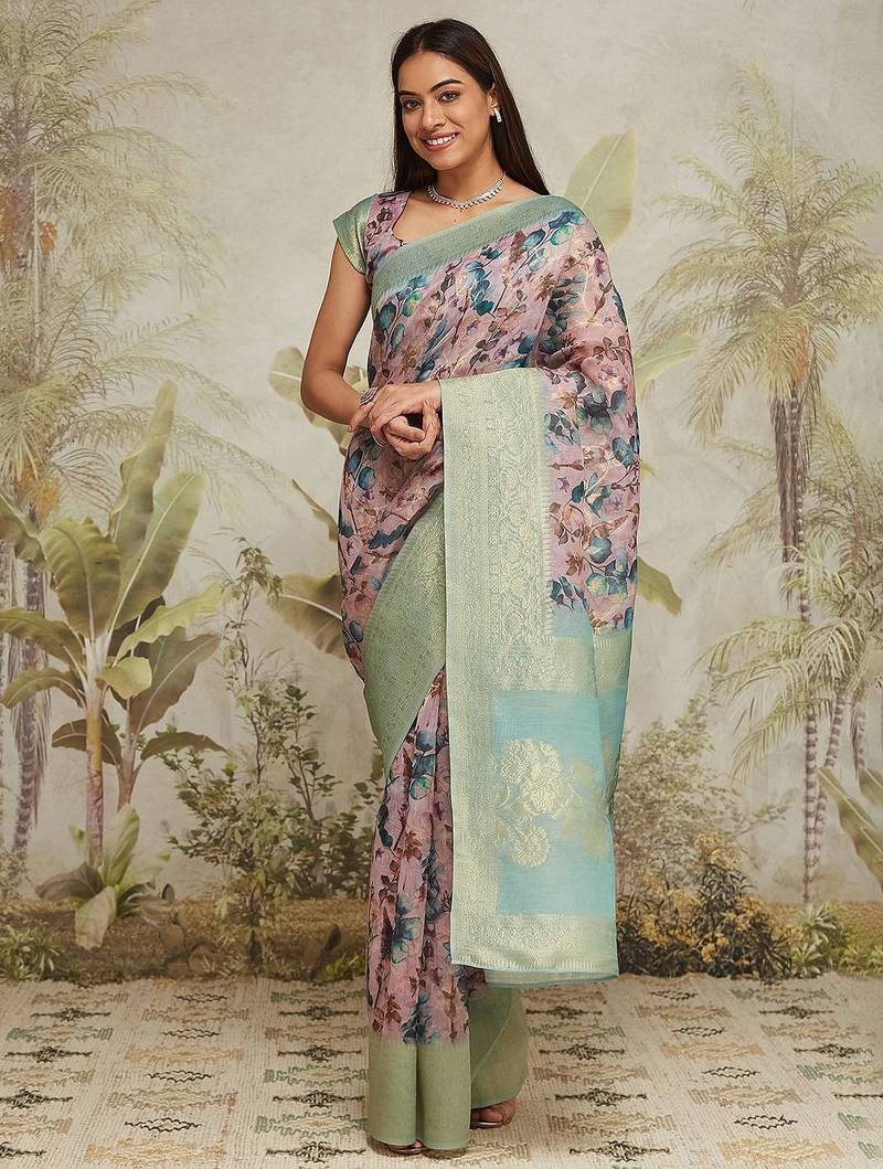 Sea green printed silk blend ethnic saree with blouse piece