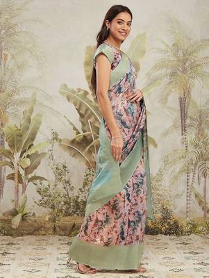 Sea green printed silk blend ethnic saree with blouse piece 2