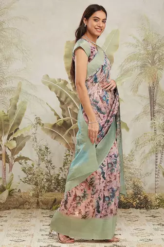 Sea green printed silk blend ethnic saree with blouse piece