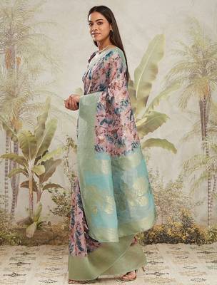 Sea green printed silk blend ethnic saree with blouse piece 3