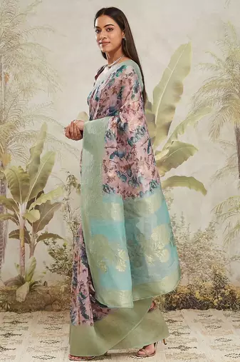 Sea green printed silk blend ethnic saree with blouse piece