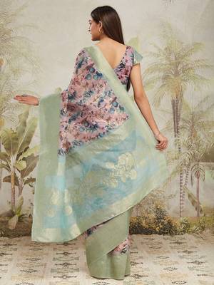 Sea green printed silk blend ethnic saree with blouse piece 4
