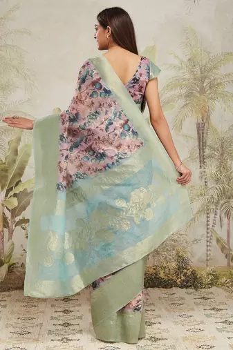 Sea green printed silk blend ethnic saree with blouse piece