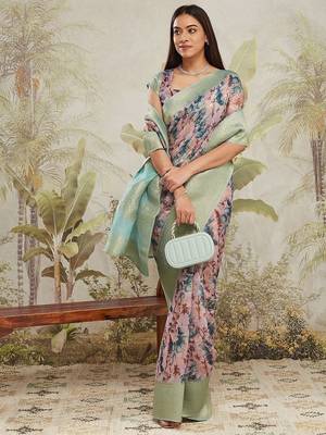 Sea green printed silk blend ethnic saree with blouse piece 5