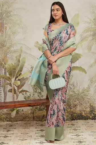 Sea green printed silk blend ethnic saree with blouse piece
