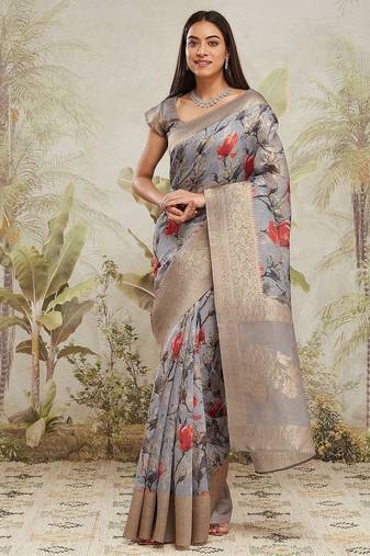 Grey printed silk blend ethnic saree with blouse piece
