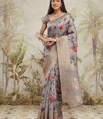 Grey printed silk blend ethnic saree with blouse piece