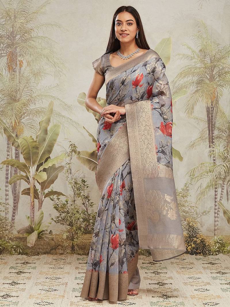 Grey printed silk blend ethnic saree with blouse piece