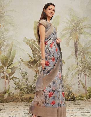 Grey printed silk blend ethnic saree with blouse piece 2