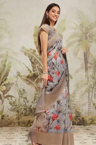 Grey printed silk blend ethnic saree with blouse piece