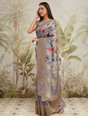Grey printed silk blend ethnic saree with blouse piece 3
