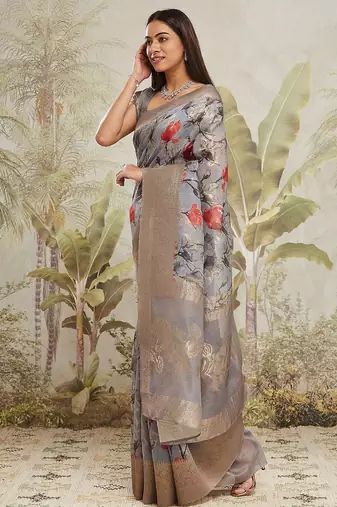 Grey printed silk blend ethnic saree with blouse piece