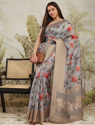Grey printed silk blend ethnic saree with blouse piece 5