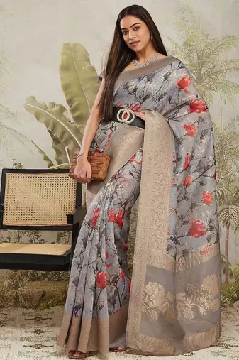 Grey printed silk blend ethnic saree with blouse piece