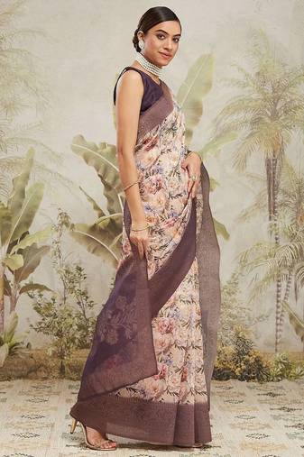Cream printed silk blend ethnic saree with blouse piece