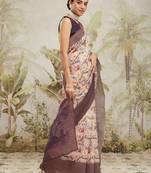 Cream printed silk blend ethnic saree with blouse piece
