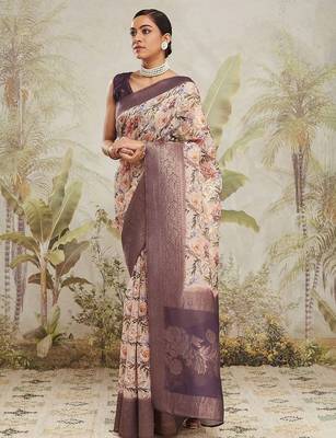 Cream printed silk blend ethnic saree with blouse piece 2