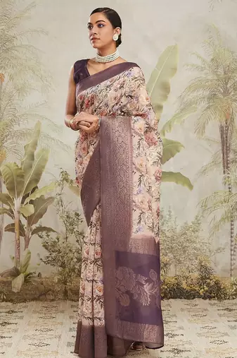 Cream printed silk blend ethnic saree with blouse piece