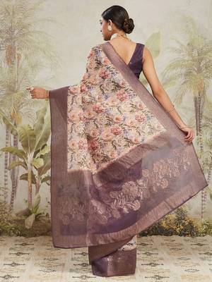 Cream printed silk blend ethnic saree with blouse piece 3