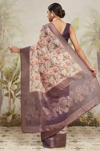 Cream printed silk blend ethnic saree with blouse piece
