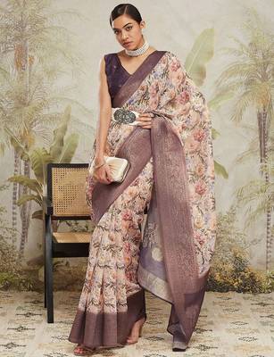 Cream printed silk blend ethnic saree with blouse piece 4