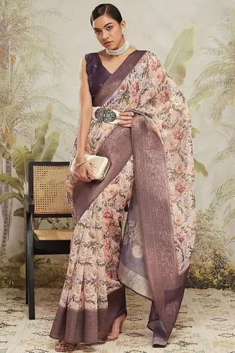 Cream printed silk blend ethnic saree with blouse piece