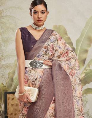 Cream printed silk blend ethnic saree with blouse piece 5