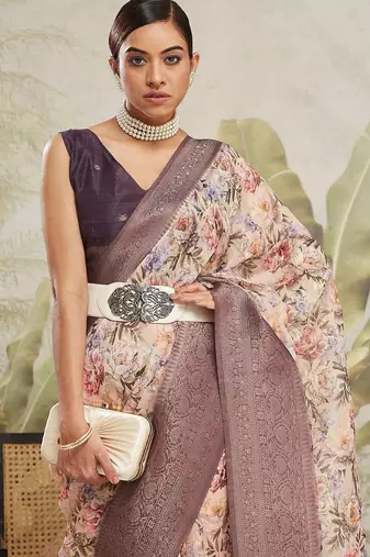 Cream printed silk blend ethnic saree with blouse piece
